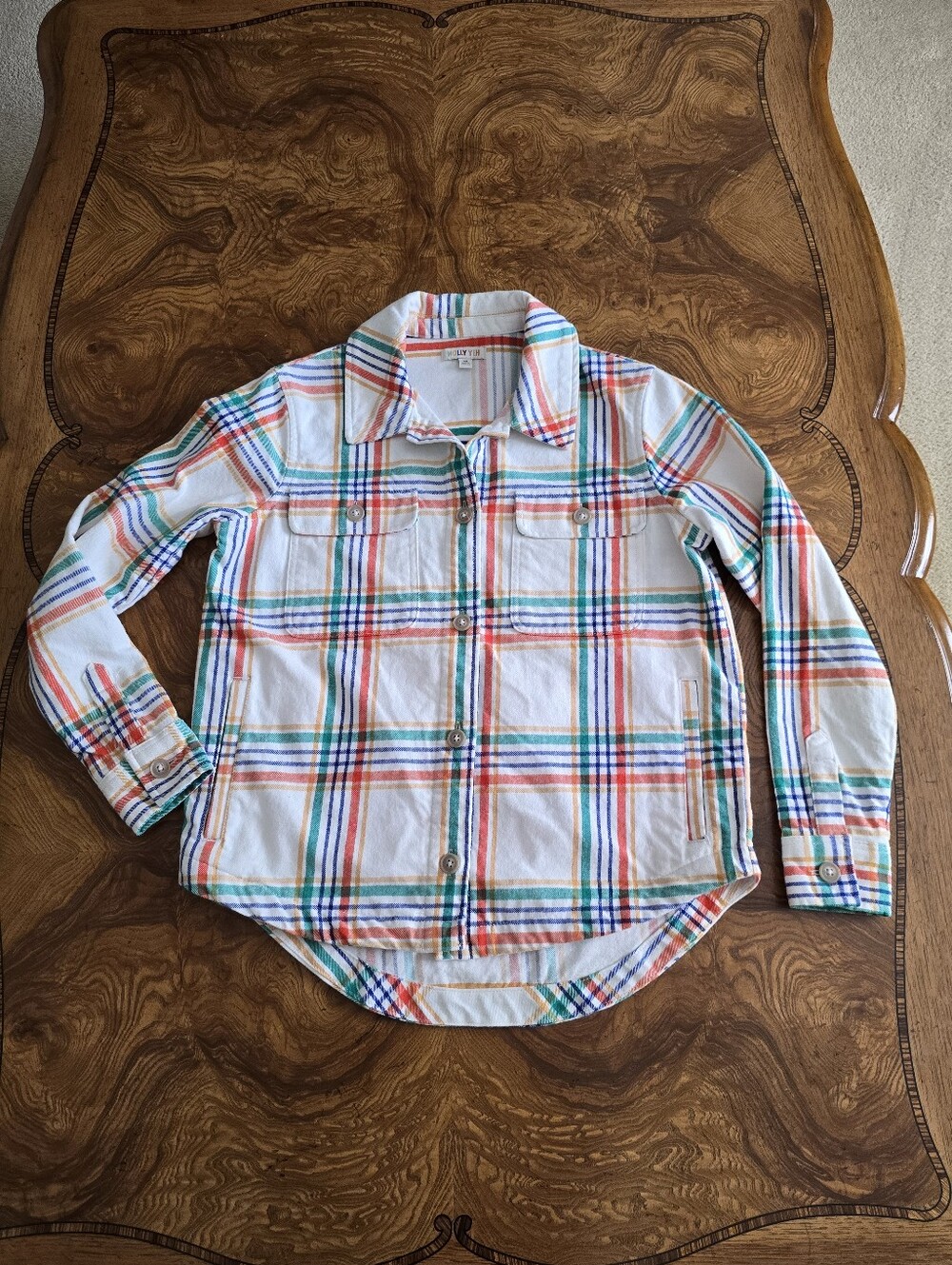 Molly Yeh Brushed Knit Shirt Jacket Womens Size XS White Colorful Plaid Cozy